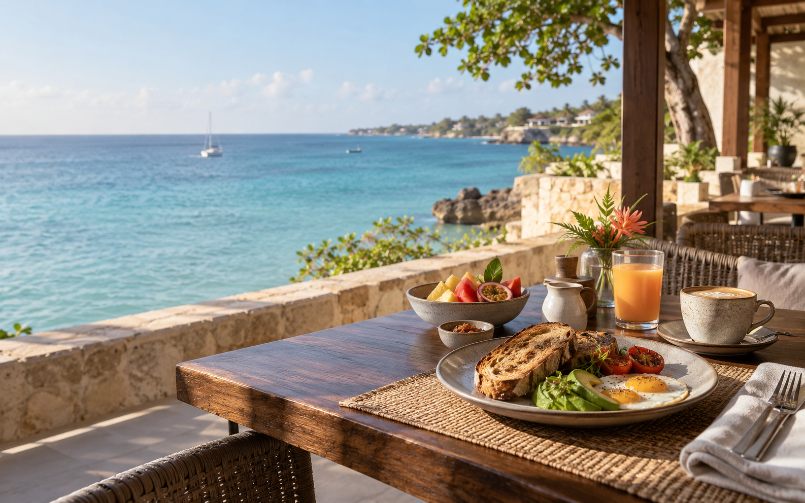 Breakfast table overlooking the Caribbean Sea